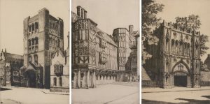Sybil Andrews (3): THE NORMAN TOWER, BURY ST EDMUNDS / CAMBRIDGE, THE CLOISTER COURT, QUEEN’S COLLEGE /  THE ABBEY GATE, BURY ST EDMUNDS