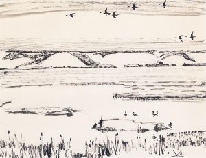 Illingworth Holey (Buck) Kerr: GEESE FLYING OVER A MARSHY RIVER VALLEY