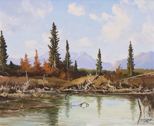Duncan Mackinnon Crockford: AUTUMN RIVERBANK WITH DISTANT MOUNTAINS