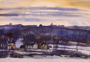 Illingworth Holey (Buck) Kerr: TWILIGHT CITYSCAPE WITH BRIDGE