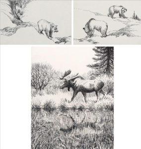 Clarence Tillenius (3): TWO GRIZZLIES #1 TWO GRIZZLIES #2 GRAY BULL MOOSE AND REFLECTION