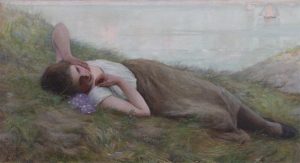 Frank (Francis) Crawford Penfold: YOUNG WOMAN RECLINING IN A FIELD WITH DISTANT BOATS