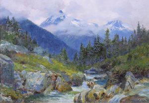 Frederic Marlett Bell-Smith: MOUNTAIN LANDSCAPE WITH MISTY PEAKS AND ROCKY CREEK