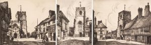Sybil Andrews (3): THE GUILD CHAPEL & FALCON INN, STRATFORD-ON-AVON / SCHOLAR’S LANE, STRATFORD-ON-AVON / THE OLD GRAMMAR SCHOOL & ALMSHOUSES, STRATFORD-ON-AVON