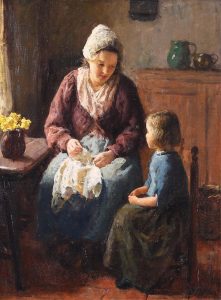 Bernhard (Bernard) Jean Corneille Pothast: MOTHER SEWING AS LITTLE GIRL WATCHES