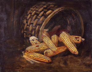 Alfred Montgomery: STILL LIFE WITH HARVEST BASKET AND CORN