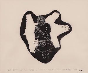 Thomassie Echalook (Echaluk): MAN DRYING A POLAR BEAR SKIN, AND HOLDING HIS HARPOON WITH A SEALSKIN FLOAT