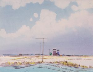 Robert Newton Hurley: PRAIRIE FARM WITH GRAIN ELEVATORS