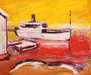 Gunnar Löberg: BOAT AND BOAT HOUSE UNDER A YELLOW SKY