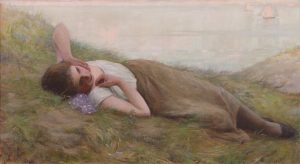 Francis Crawford (Frank) Penfold: YOUNG WOMAN RECLINING IN A FIELD, WITH BOATS IN THE  DISTANCE