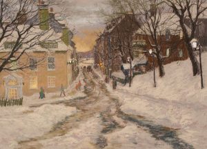 Horace Champagne: PETITE RUE STE. GENEVIEVE, COIN DE STE. URSULES, VIEUX QUEBEC (WITH LEVIS IN FAR BACKGROUND)
