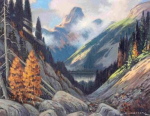Matt Lindstrom: ROCKY MOUNTAIN LANDSCAPE WITH LARCH AND MISTY PEAKS