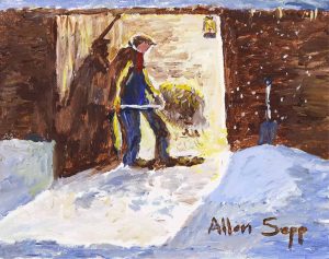 Allen Sapp: MAN IN BARN MOVING HAY