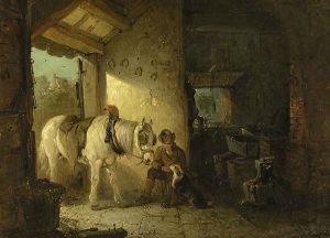 Edward Robert Smythe: HORSE AND DOG IN THE BLACKSMITH’S SHOP