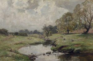 Charles Johnston: SHEEP GRAZING BY A STREAM WITH CHILDREN NEARBY