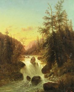 North American School: WATERFALL AT SUNSET
