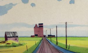 Robert Newton Hurley: GRAIN ELEVATOR FROM A COUNTRY ROAD