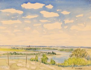 Robert Newton Hurley: SASKATCHEWAN RIVER WITH DISTANT TOWN