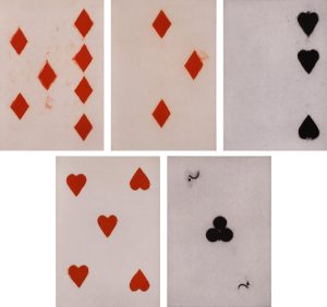 Donald Sultan (5): SEVEN DIAMONDS  |  THREE DIAMONDS  |  THREE SPADES  |  FIVE HEARTS  |  JACK OF CLUBS (PLAYING CARDS)