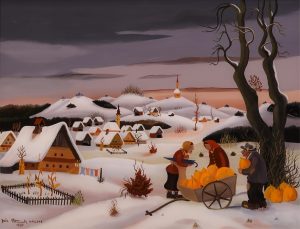 Joze Peternelj-Mausar: WINTER VILLAGE SCENE WITH PUMPKIN SELLER