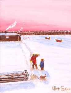 Allen Sapp: CARRYING IN WOOD WHILE THE KIDS SLED