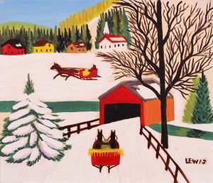 Maud Lewis: COVERED BRIDGE AND SLEIGHS IN WINTER
