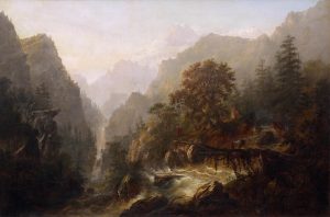 Alexander Francois Loemans: MOUNTAIN VISTA WITH NATIVE AMERICAN ENCAMPMENT ABOVE A WATERFALL