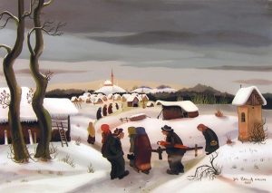 Joze Peternelj-Mausar: PEASANTS IN A VILLAGE WITH A HILLTOP CHURCH