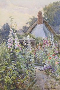 James W. Milliken: FIGURES ON A VILLAGE STREET /
THATCHED COTTAGE WITH CHICKENS ON A GARDEN PATH /
THTCHED COTTAGE WITH FIGURE IN THE DOORWAY