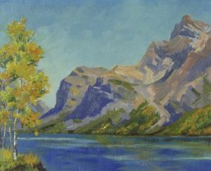 Reginald Llewellyn Harvey: LAKE MINNEWANKA; 1944  |  CABIN BY A RIVER
