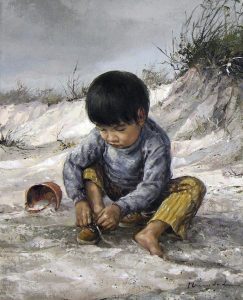 Jose Trinidad: BOY AT THE BEACH TAKING OFF HIS SHOES