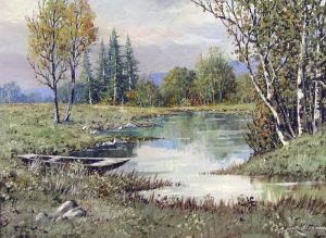 George A. Horvath: AUTUMN LANDSCAPE WITH STREAM AND DISTANT MOUNTAINS