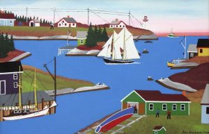 Joe Norris: HARBOUR SCENE WITH SCHOONER AND BOAT COMING IN FOR REPAIR
