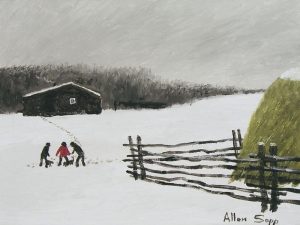 Allen Sapp: CHILDREN PLAYING WITH THE DOG