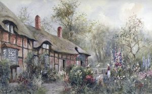 A. J. Hughes Clayton: THATCHED COTTAGE WITH A GIRL IN THE GARDEN