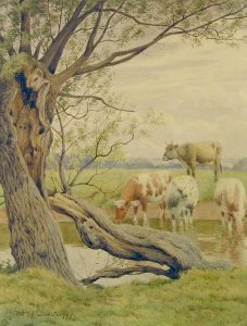 William Sidney Cooper: CATTLE WATERING AT A STREAM