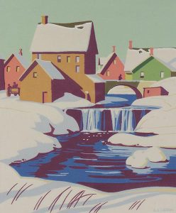 Alfred Joseph Casson: WINTER TOWN WITH WATERFALL AND BRIDGE