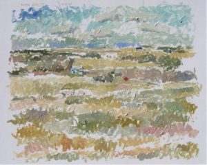 Reta Madeline Cowley: PRAIRIE LANDSCAPE WITH A BLUE FARMHOUSE