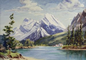Reginald Llewellyn Harvey: COTTAGE BY A MOUNTAIN LAKE