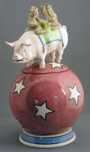 Evelyn Grant: TWO FROGS HAVING TEA ON A PIG’S BACK (cookie jar)
