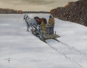 Armand J. Paquette: HORSE TEAM HAULING A SLED WITH BARREL