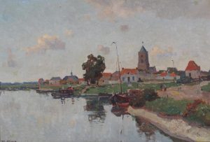 Jan Knikker Sr.: LANDSCAPE WITH VILLAGE AND BOATS