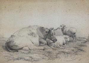 Thomas Sidney Cooper: A COW AND TWO SHEEP IN A FIELD