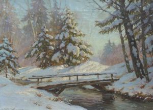 Constantin Aleksandrovich Westchiloff: WINTER LANDSCAPE WITH SNOW-COVERED TREES AND BRIDGE