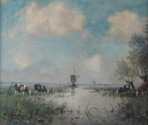Willem Abraham Wassenaar: PASTORAL SCENE WITH CATTLE WATERING AND WINDMILL
