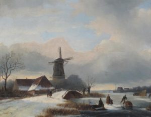 Jan Jacob Coenraad Spohler: WINTER CANAL SCENE WITH BRIDGE AND WINDMILL