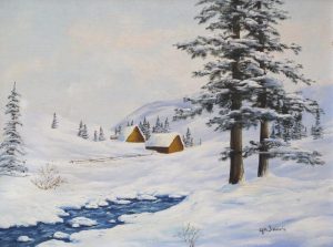 Georgia Jarvis: WINTER SCENE WITH CABINS AND CREEK