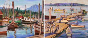 Anna Gertrude (Nan) Lawson Cheney: BOATS MOORED AT HARBOUR, B.C. / WORKERS ON A BOAT LANDING