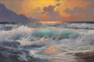 Alexander Dzigurski: CRASHING WAVES AS SUNSET_x000D_