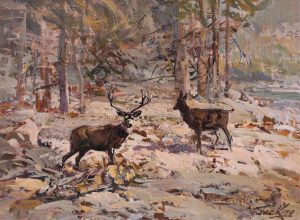 Jack King: DEER IN A WINTER LANDSCAPE_x000D_